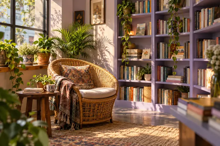 Illustrative cozy bookshop with a wicker chair, lavender shelves, and potted plants