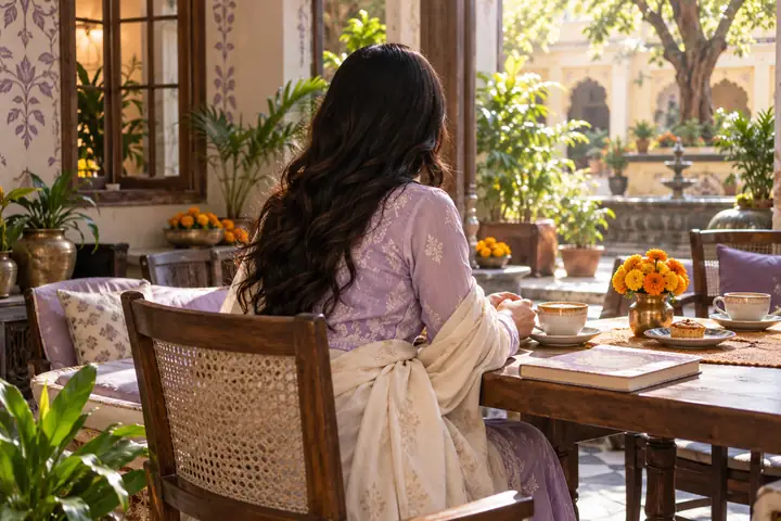AI-generated adult woman in a lavender kurta at a Nagpur-inspired café, viewed from behind with her face hidden