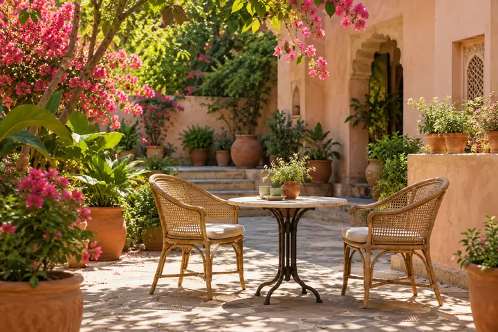 Illustrative open-air café courtyard with terracotta pots, bougainvillea, and cane chairs