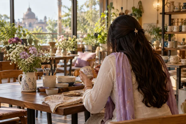 AI illustration: fictional adult woman seen from behind, face not visible. A quiet moment at a public creative workshop.