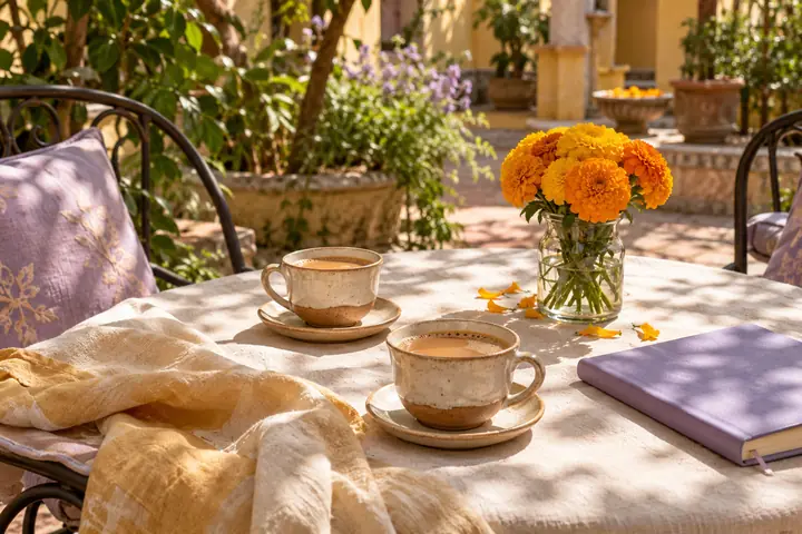 Illustrative café table with two tea cups, marigolds, and a lavender notebook