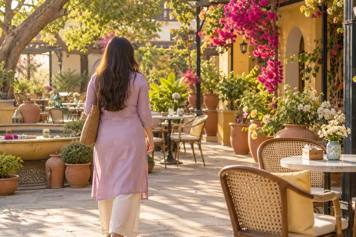 AI illustration: fictional adult woman seen from behind, face not visible. A Nagpur-inspired garden café.