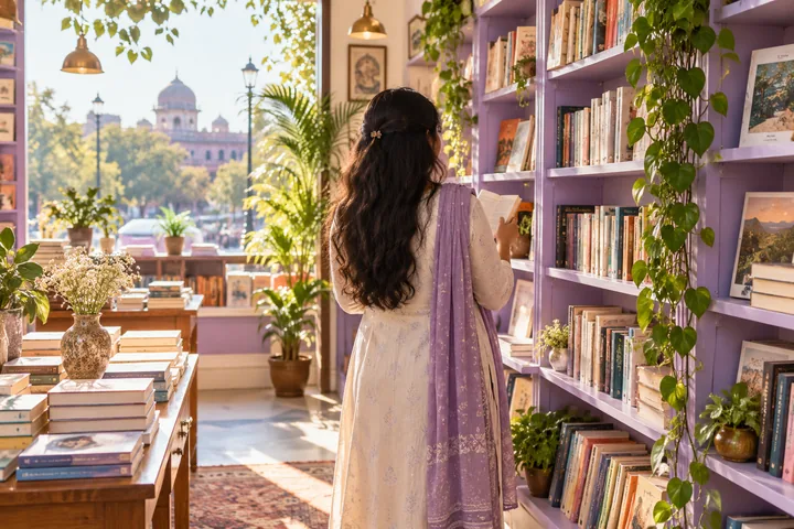 AI illustration: fictional adult woman seen from behind, face not visible. Daytime coffee, bookshop visits and creative company in Nagpur.